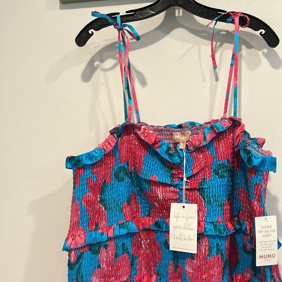 SHOW ME YOUR MUMU Stella Smocked hot pink blue Midi Dress size 2X plus new w tag - Picture 5 of 9